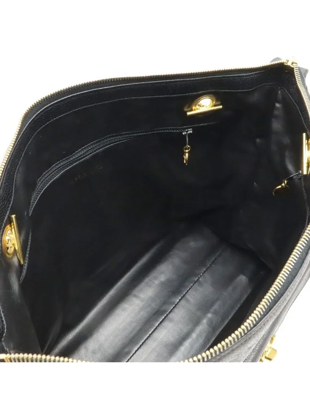 Chanel CC Logo Tote Chain Shoulder Bag Caviar Leather Black Gold
